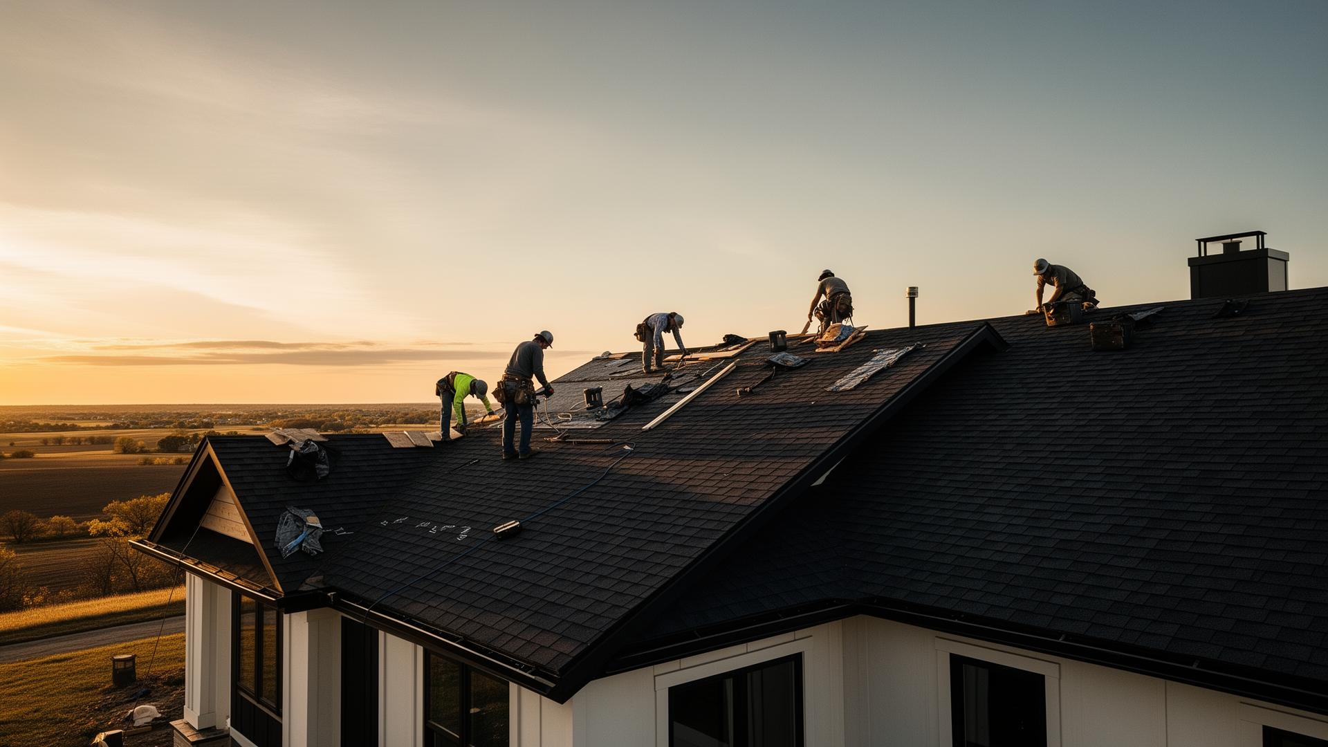 Roofing crew working on a Nebraska home at sunset