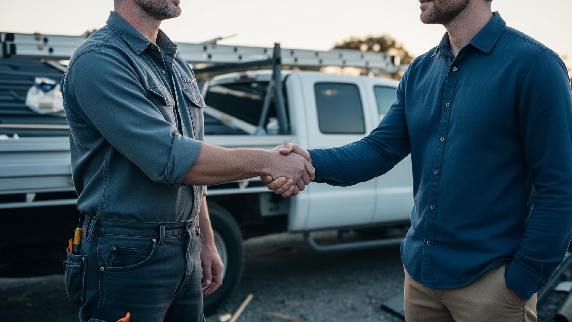 Roofing contractor and growth partner shaking hands beside a work truck